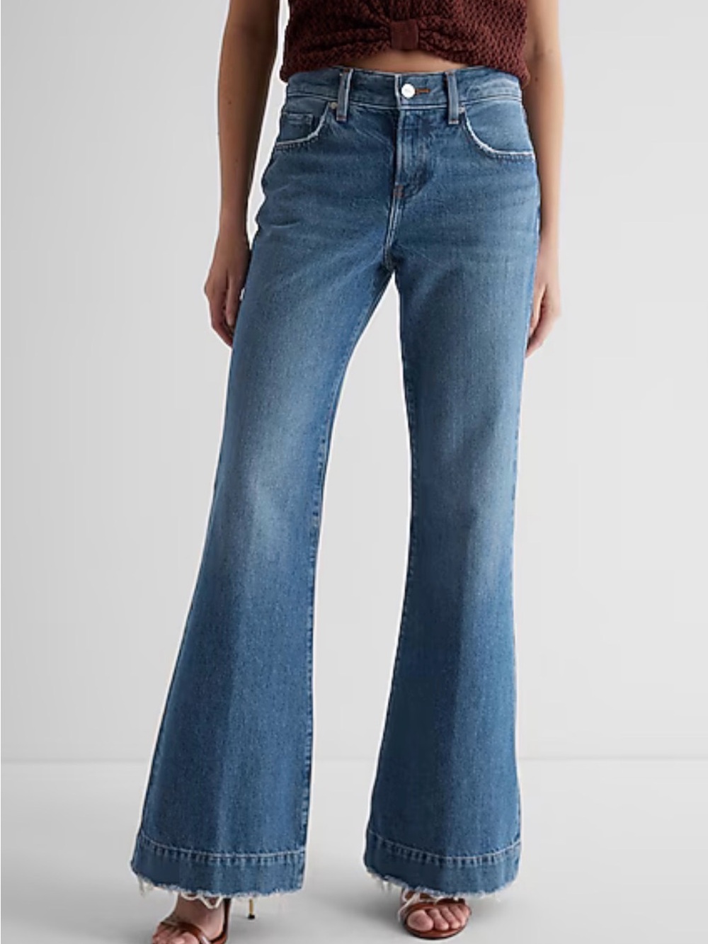 Express Mid Rise '70s Flare Jeans 4R Wide Leg Raw Hem 100% Cotton